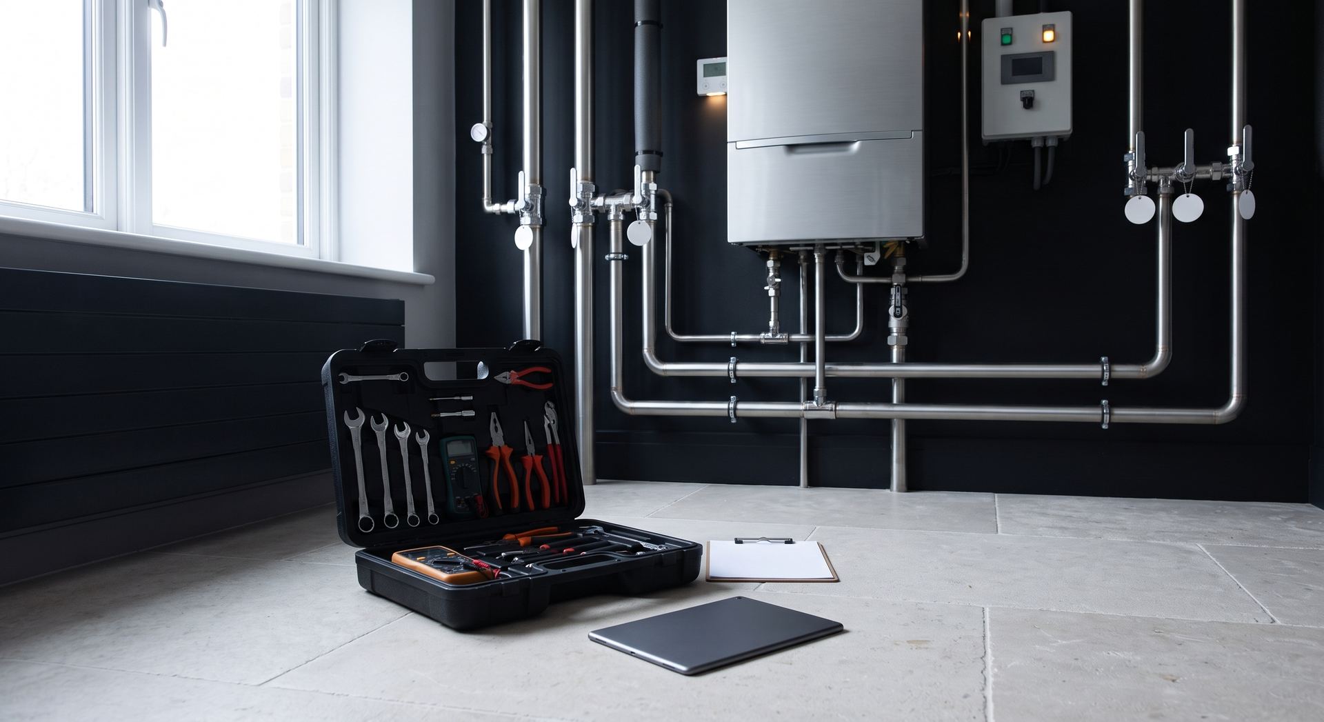 An engineer's toolcase and tablet beside a wall-hung boiler in a clean utility room