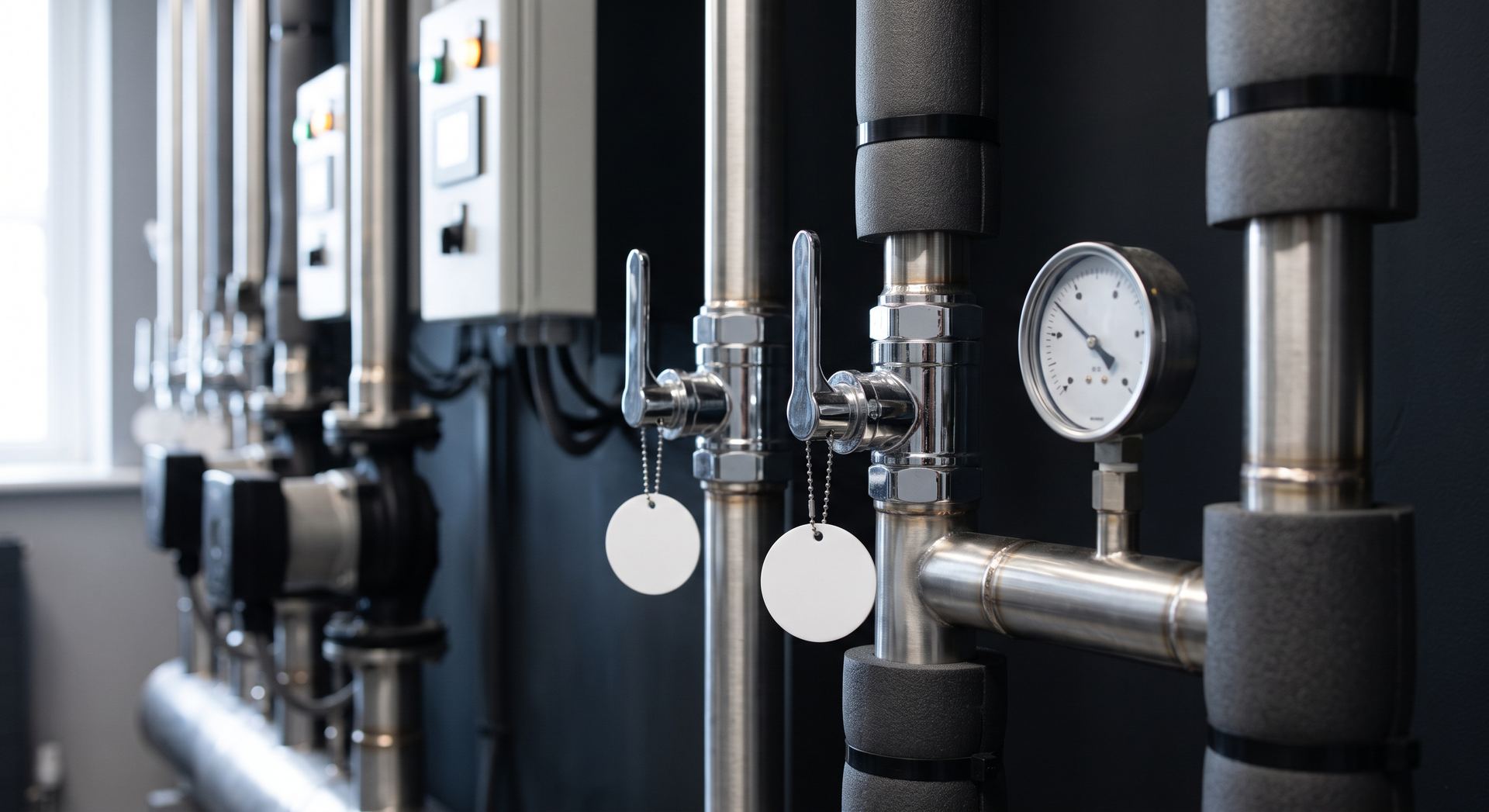 Stainless steel pipework, isolation valves and a pressure gauge in a well-kept plant room